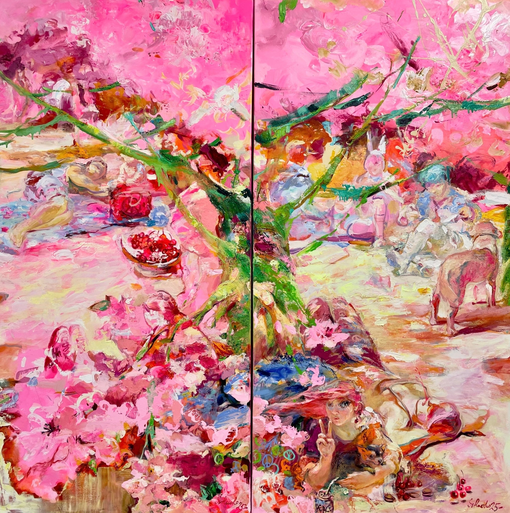 Kirsikkapuiden varjossa on maailmaan rauha. - uniikki taidemaalaus Svetlana Ruoho