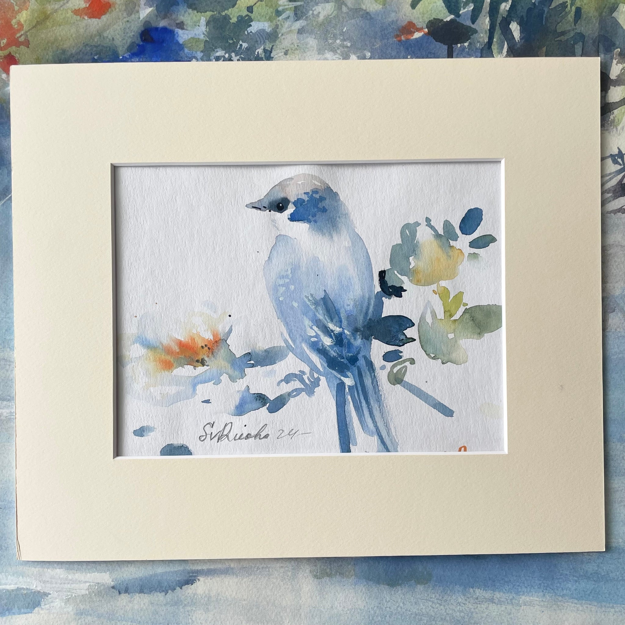 Lintu johannusruusun oksalla - uniikki taidemaalaus Svetlana Ruoho